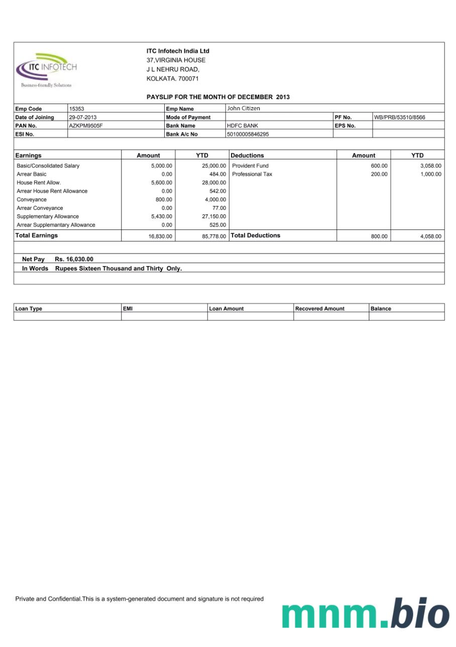 Indie ITC Infotech India LTD odcinek wypłaty w formatach Word i PDF